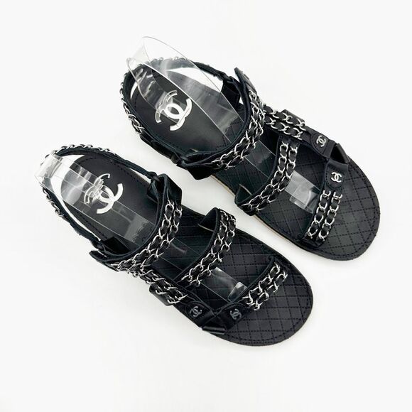 CHANEL 2022 Black Chain Interlocking CC Dad Sandals Size 40 Open Toe Slingback - Picture 6 of 15